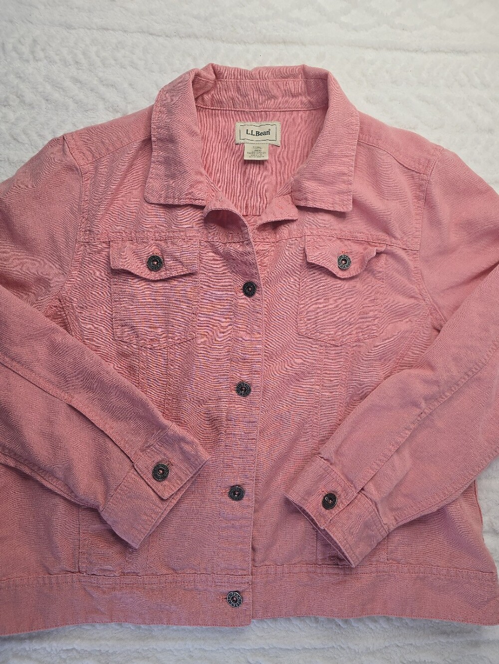 L.L. Bean Linen Blend Trucker Jacket Pink Short Button Front Coastal Preppy L